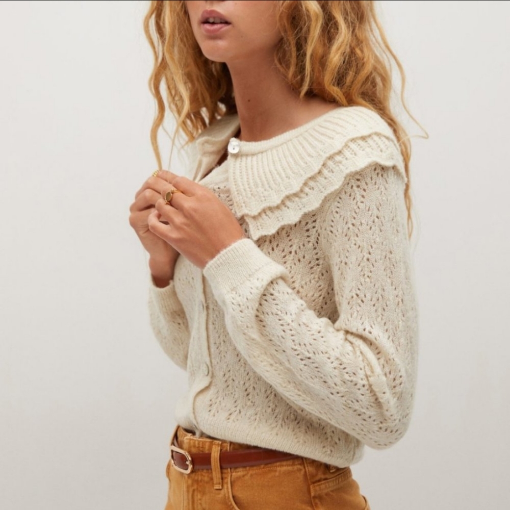 Mango Cream Ruffled Collar Knit Cardigan